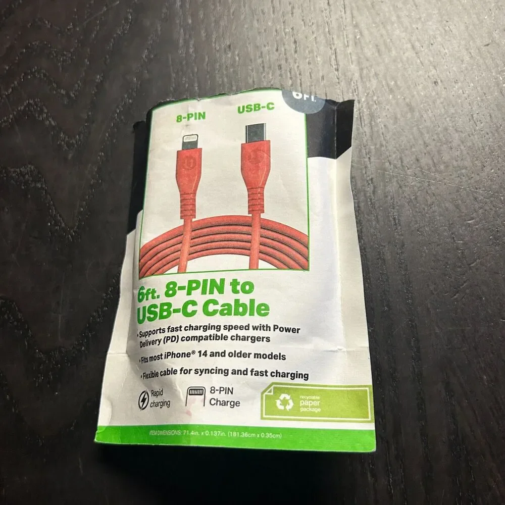 6 Ft Foot 8-Pin To USB-C Cable Watermelon Pink
